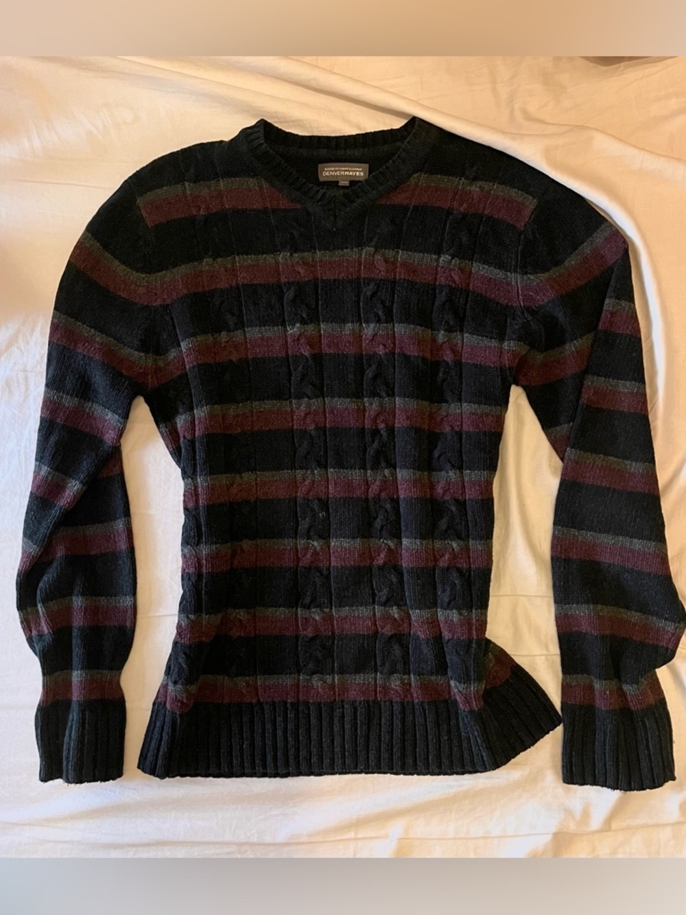 Denver Hayes Classic Fit Striped Cable-Knit Crewneck Sweater